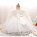 White lace baby gown with large bow and sheer tulle skirt for purple lace girls dress rose wedding dress skirt
