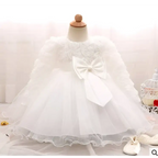 White lace baby gown with large bow and sheer tulle skirt for purple lace girls dress rose wedding dress skirt