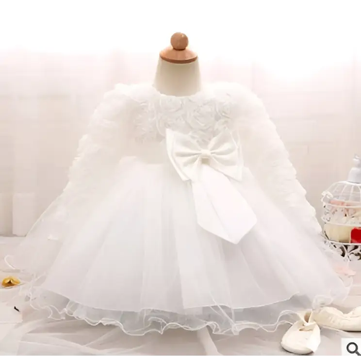 White lace baby gown with large bow and sheer tulle skirt for purple lace girls dress rose wedding dress skirt