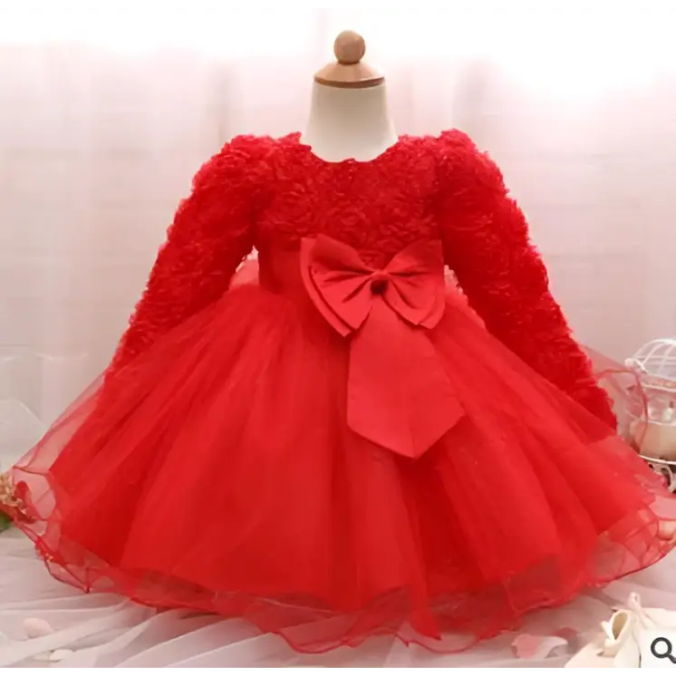 A vibrant red long-sleeved toddler dress with fluffy texture and layered tulle skirt for rose wedding dress use