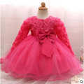 Pink floral lace long-sleeved tutu dress with matching bow for purple lace girls dress rose wedding dress skirt