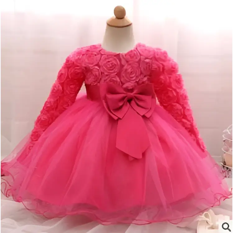 Pink floral lace long-sleeved tutu dress with matching bow for purple lace girls dress rose wedding dress skirt