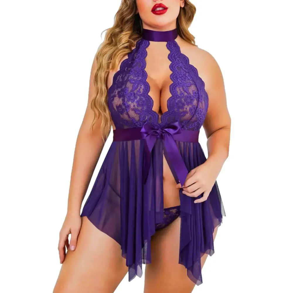 Purple lace lingerie babydoll featuring a halter top with sheer overlay and satin bow belt in elegant purple lace