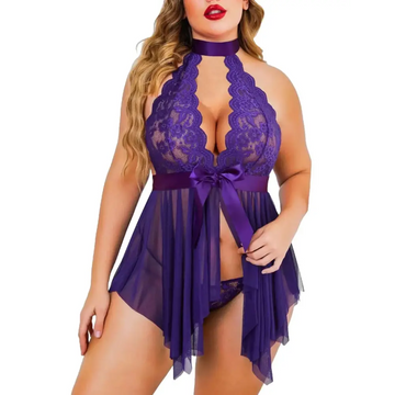 Purple lace lingerie babydoll featuring a halter top with sheer overlay and satin bow belt in elegant purple lace