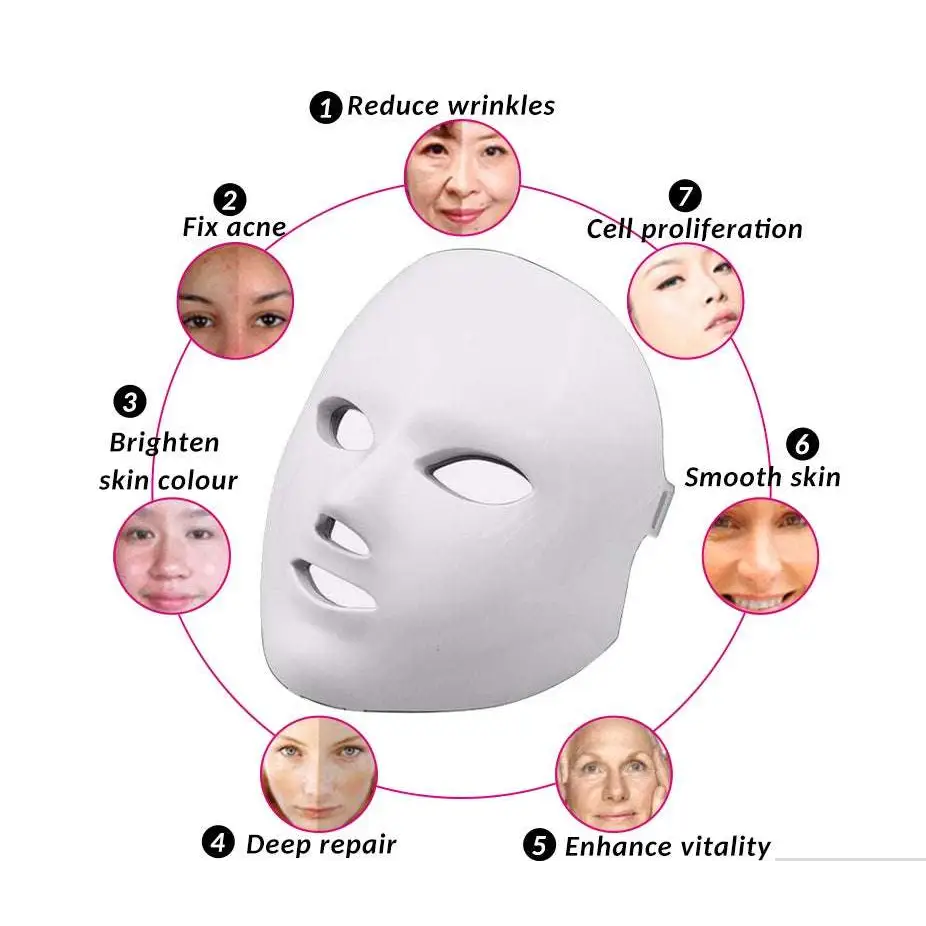 Purple led mask facial beauty device with glowing dot grid and power cord designed to reduce fine lines and improve skin