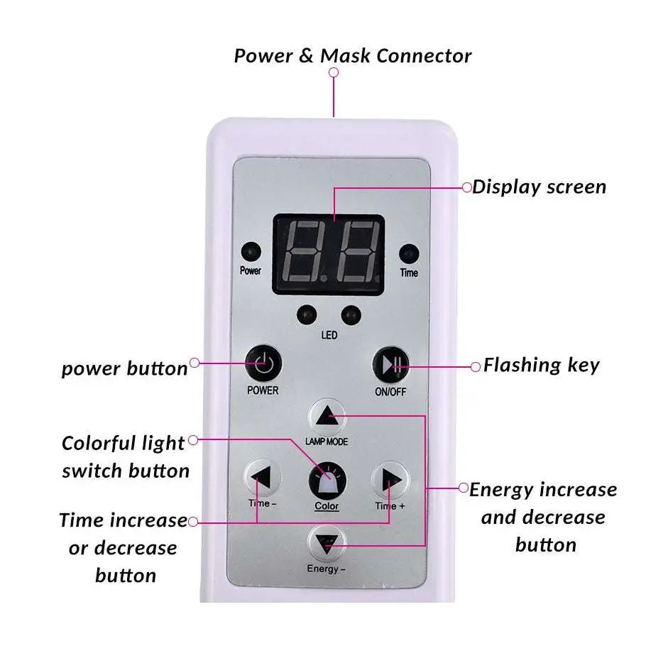White plastic remote control with digital screen and buttons for purple led mask facial beauty device targeting fine lines