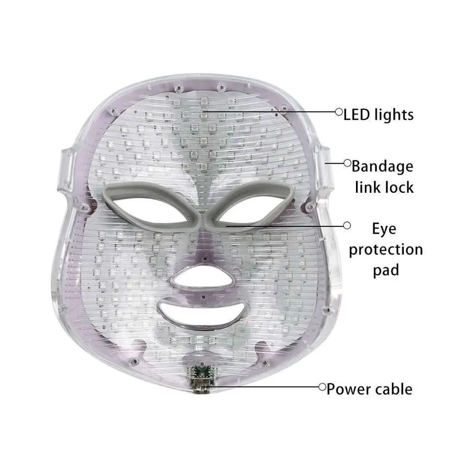 Clear plastic purple led mask with embedded lights and gray silicone eye pads for fine lines facial beauty device