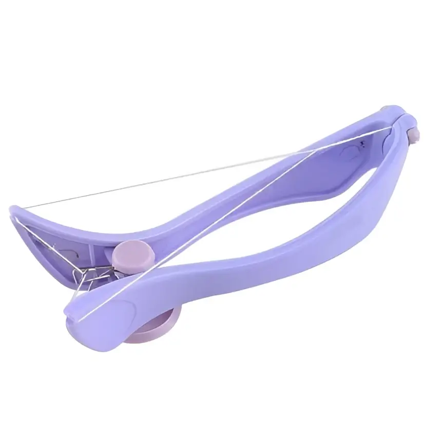 Purple manual cotton hair remover facial hair tool with curved plastic handle and two thin metal wires to remove facial hair