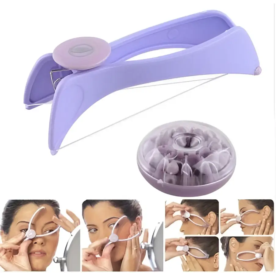 Purple manual cotton hair remover tool made of plastic with a circular handle and adjustable guide to remove facial hair