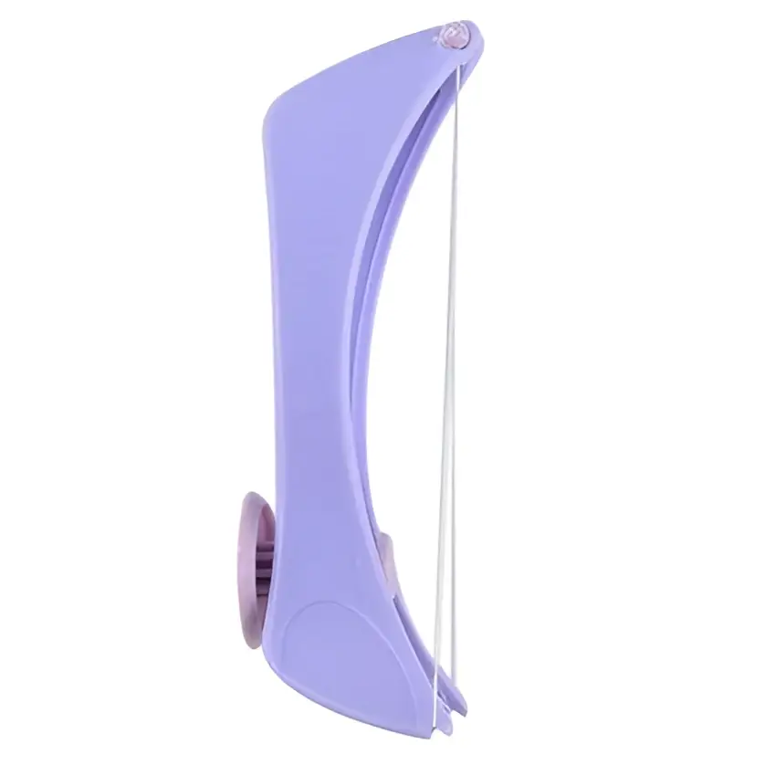 Purple manual cotton hair remover facial hair tool with curved plastic handle and two thin metal wires to remove facial hair