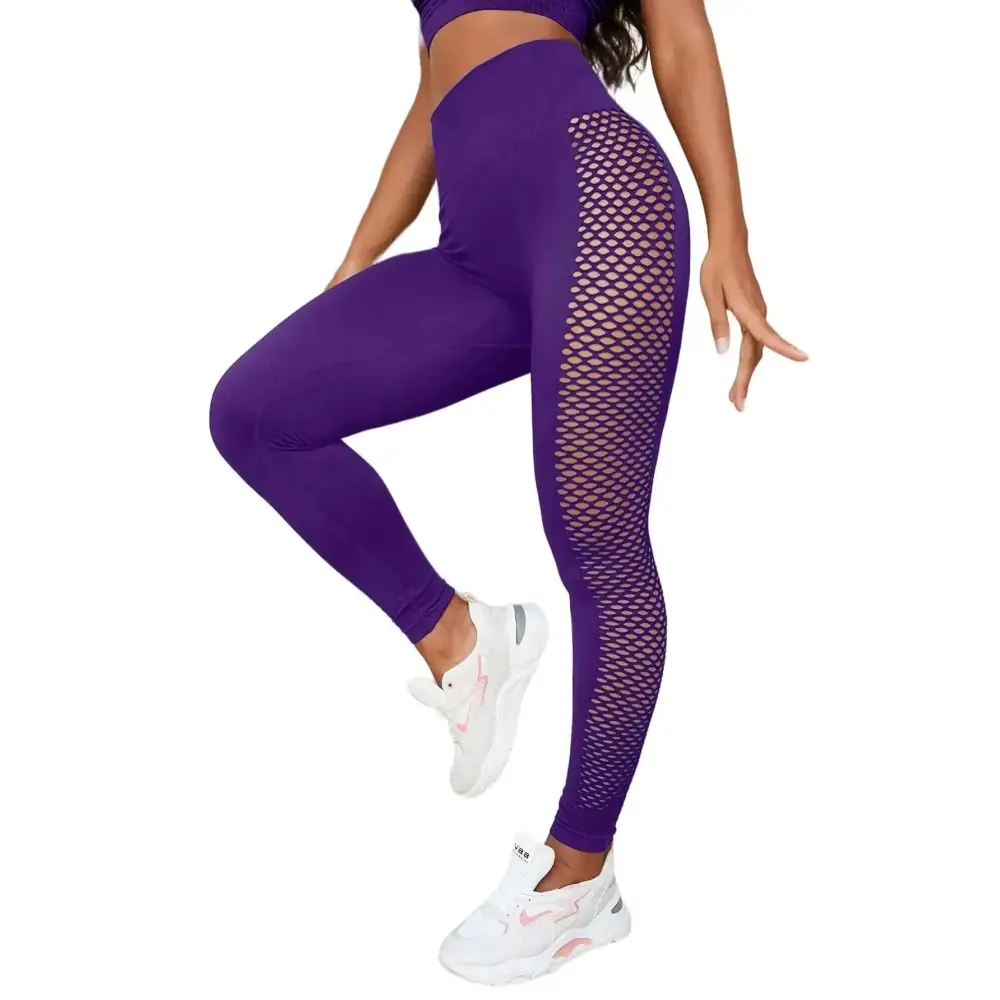 Purple mesh high waist butt lift yoga pants featuring high-waisted purple leggings with side mesh panels