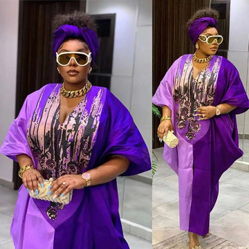 Purple patterned ethnic style loose plus size kaftan dress with flowing fit suitable for casual and ethnic wear