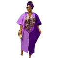 Purple patterned ethnic style loose plus size kaftan dress with v-neckline and floral embroidery detail
