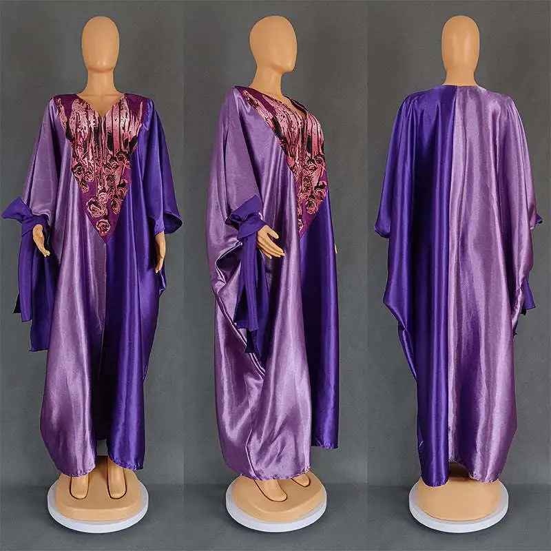 Purple patterned ethnic style loose plus size dress in purple satin with intricate pink and gold embroidery on front
