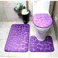 Purple pebble 3 piece bathroom rug set with toilet lid cover featuring pebble-patterned purple fabric for bathroom use