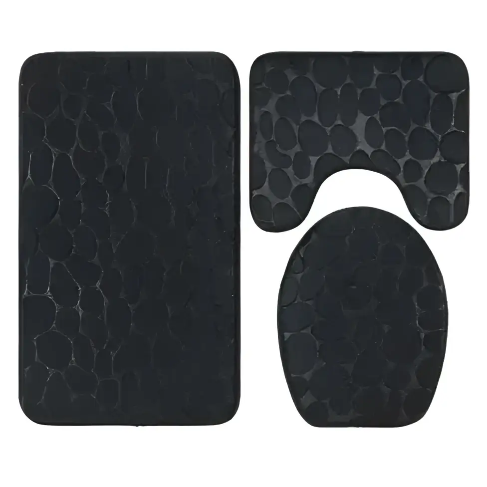 Purple pebble 3 piece bathroom rug set with toilet lid cover featuring pebble-patterned purple fabric for bathroom use
