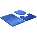 Blue textured bathroom rug set with pebble-like pattern complementing purple pebble toilet lid cover