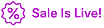 Purple pixelated flower logo with ’sale to live!’ text in matching purple.