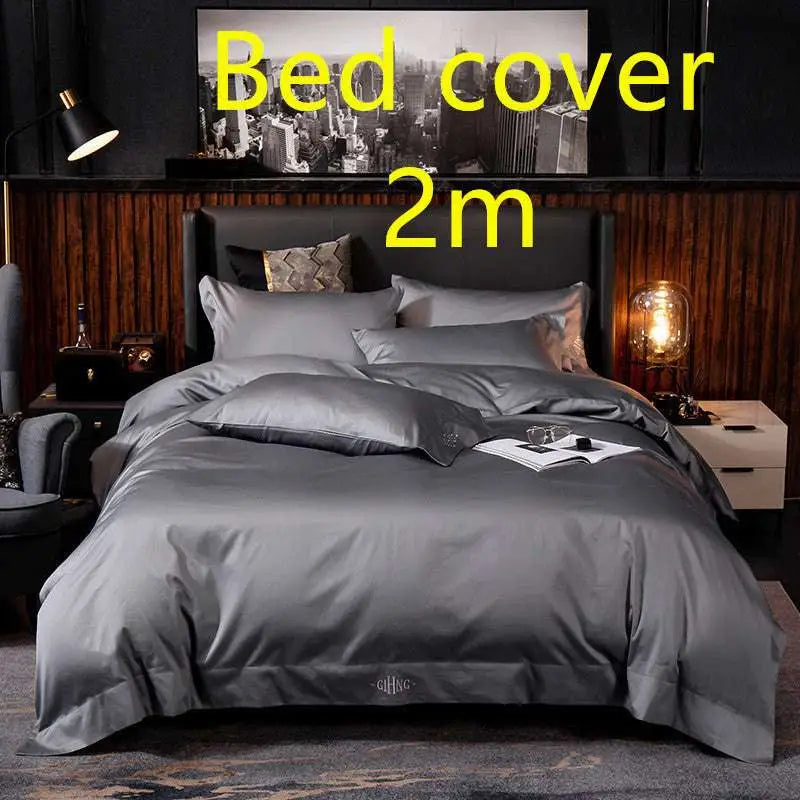 Dark gray satin embroidered four-piece bed cover with subtle sheen and fabric main component at the foot