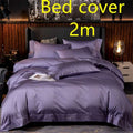 Purple satin embroidered four-piece bed sheet set featuring subtle embroidered detailing on satin fabric main component