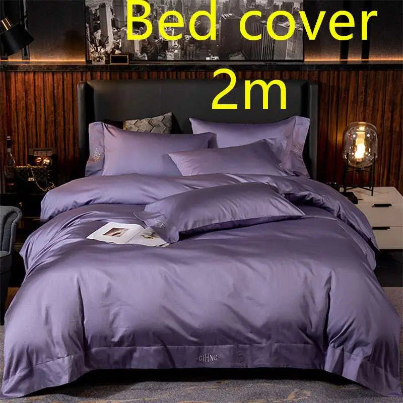 Purple satin embroidered four-piece bed sheet set featuring subtle embroidered detailing on satin fabric main component