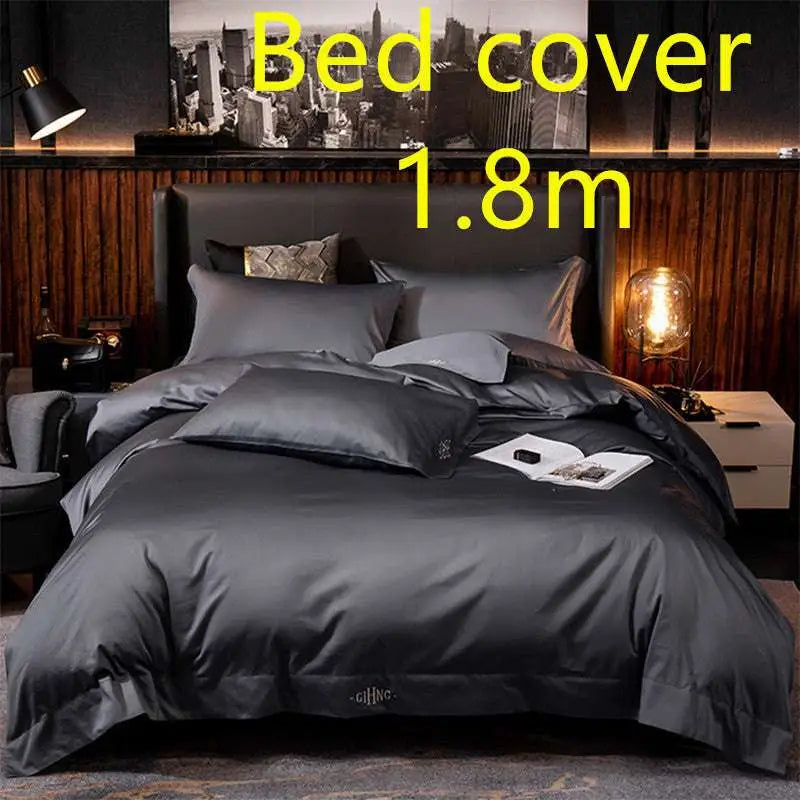 Dark gray satin embroidered bed cover with subtle sheen fabric main component in purple satin embroidered four-piece set