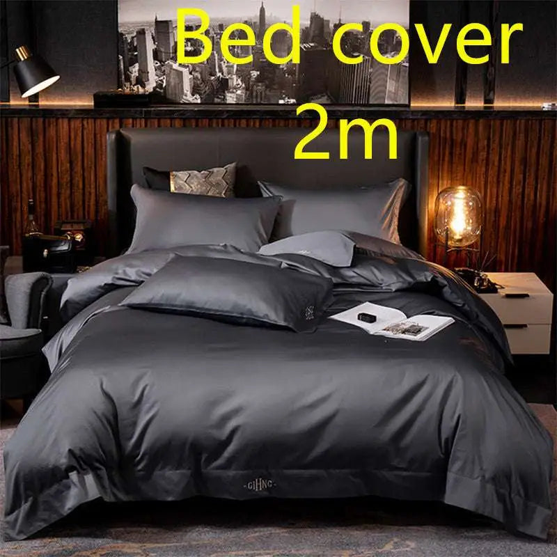 Dark gray satin bed cover with smooth glossy finish and subtle sheen in purple satin embroidered four-piece set fabric main component