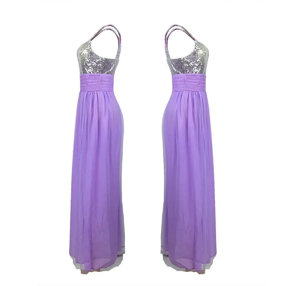 Lavender chiffon bridesmaid dress long with silver sequined halter neckline and ruched waistband for bff bridal gown