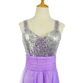 Purple sequin chiffon bridesmaid dress long with a shimmering silver bodice and lavender pleated waistband for bff bridal gown
