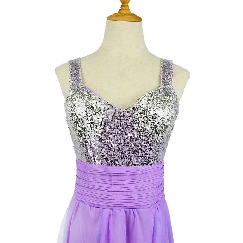 Purple sequin chiffon bridesmaid dress long with a shimmering silver bodice and lavender pleated waistband for bff bridal gown