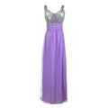 Purple sequin chiffon bridesmaid dress long with a shimmering silver bodice and flowing lavender chiffon skirt with sheer panels