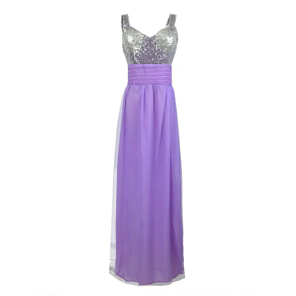 Purple sequin chiffon bridesmaid dress long with a shimmering silver bodice and flowing lavender chiffon skirt with sheer panels