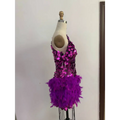 Purple sequined feather sleeve short dress displayed on a mannequin featuring vibrant feathers and sequins