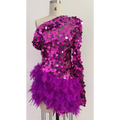 Purple sequined feather sleeve short dress featuring a vibrant magenta top with shimmering sequins and a fluffy feather skirt