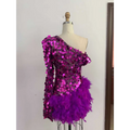 A vibrant magenta purple sequined feather one-shoulder short dress with a feathered hemline and sequined feather skirt