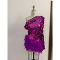A vibrant purple sequined feather sleeve short dress with a one-shoulder design and feathered hemline on a mannequin