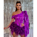 A vibrant purple sequined feather sleeve short dress with one shoulder design and feather embellishments