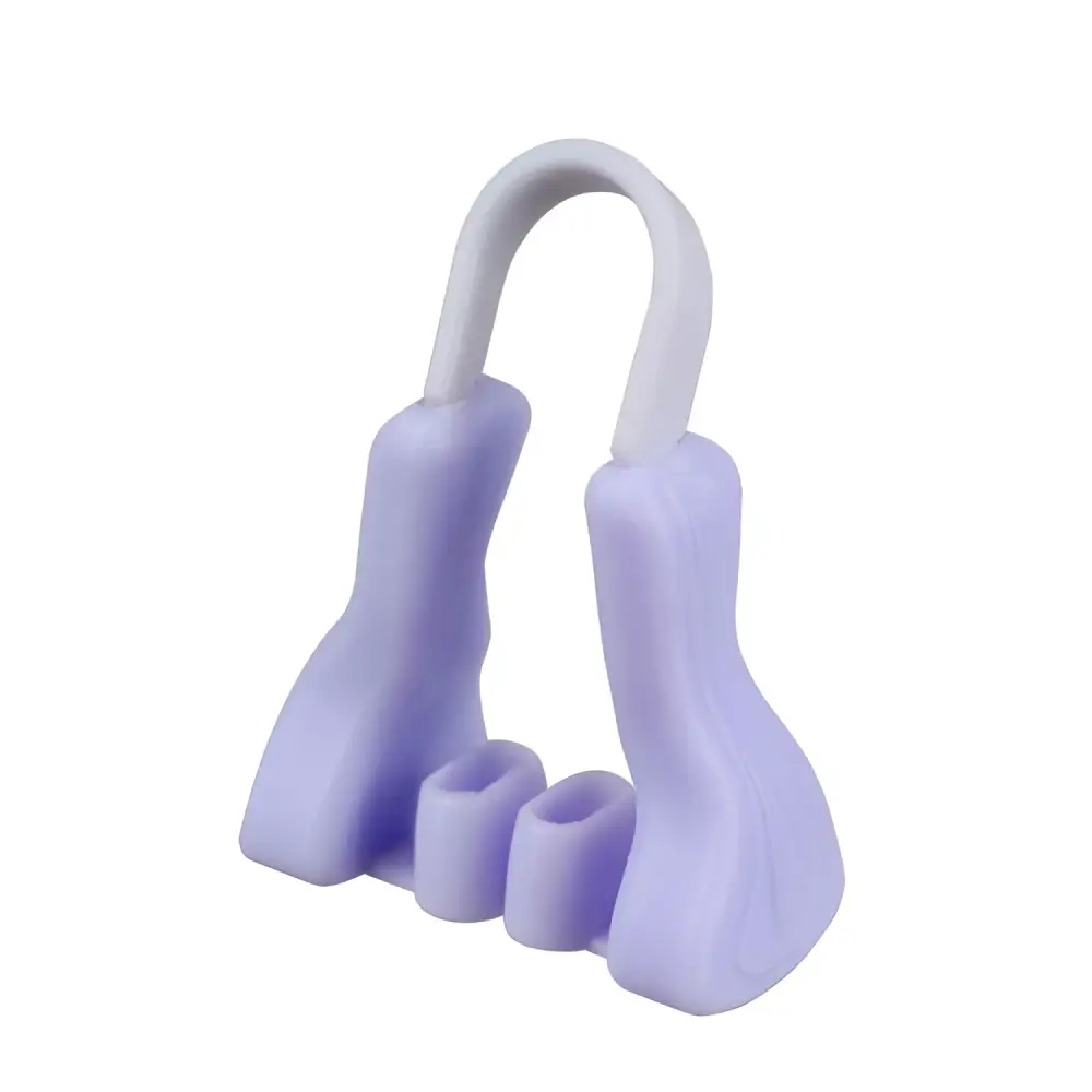 Purple silicone nose reshaping clip featuring a light purple u-shaped silicone nose beauty device with curved handle and two nostril openings