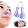 Purple silicone nose reshaping clip with a u-shaped silicone nose separator and white curved handle beauty device