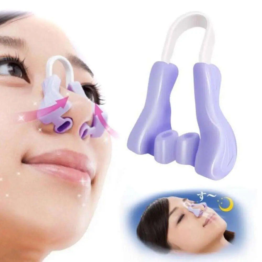 Purple silicone nose reshaping clip with a u-shaped silicone nose separator and white curved handle beauty device
