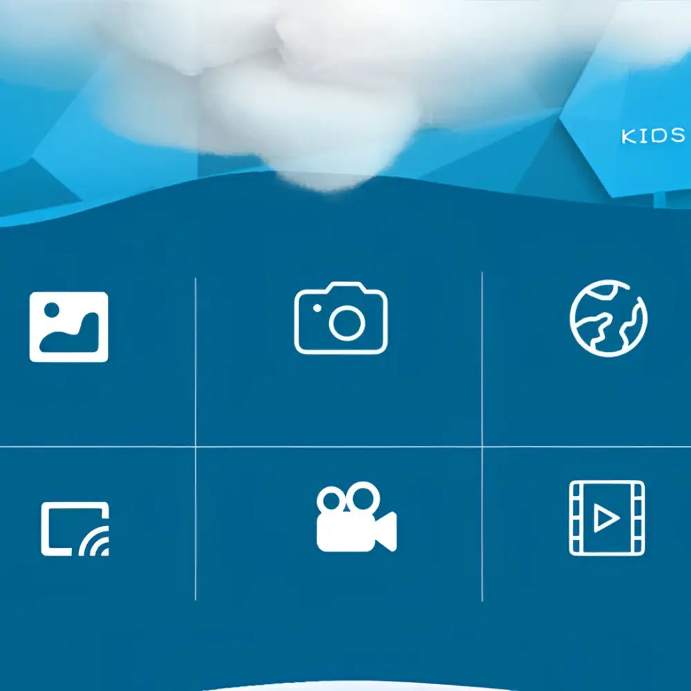 Blue screen with white icons on the back of purple silver childrens digital video camera showing multimedia functions