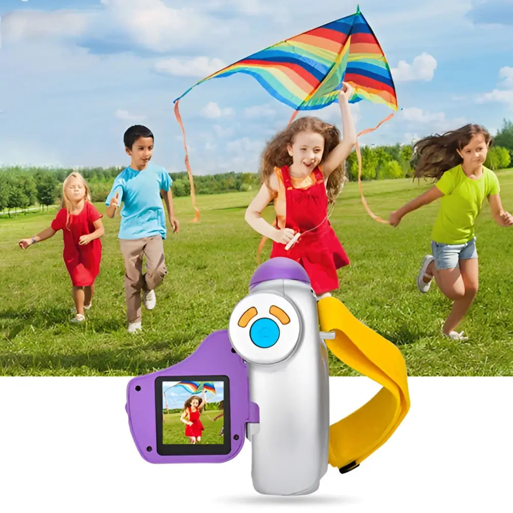 Purple silver childrens digital video camera with yellow wrist strap and small screen showing girl in red image