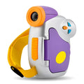 Purple silver childrens digital video camera in purple and orange with yellow wrist strap for kids use