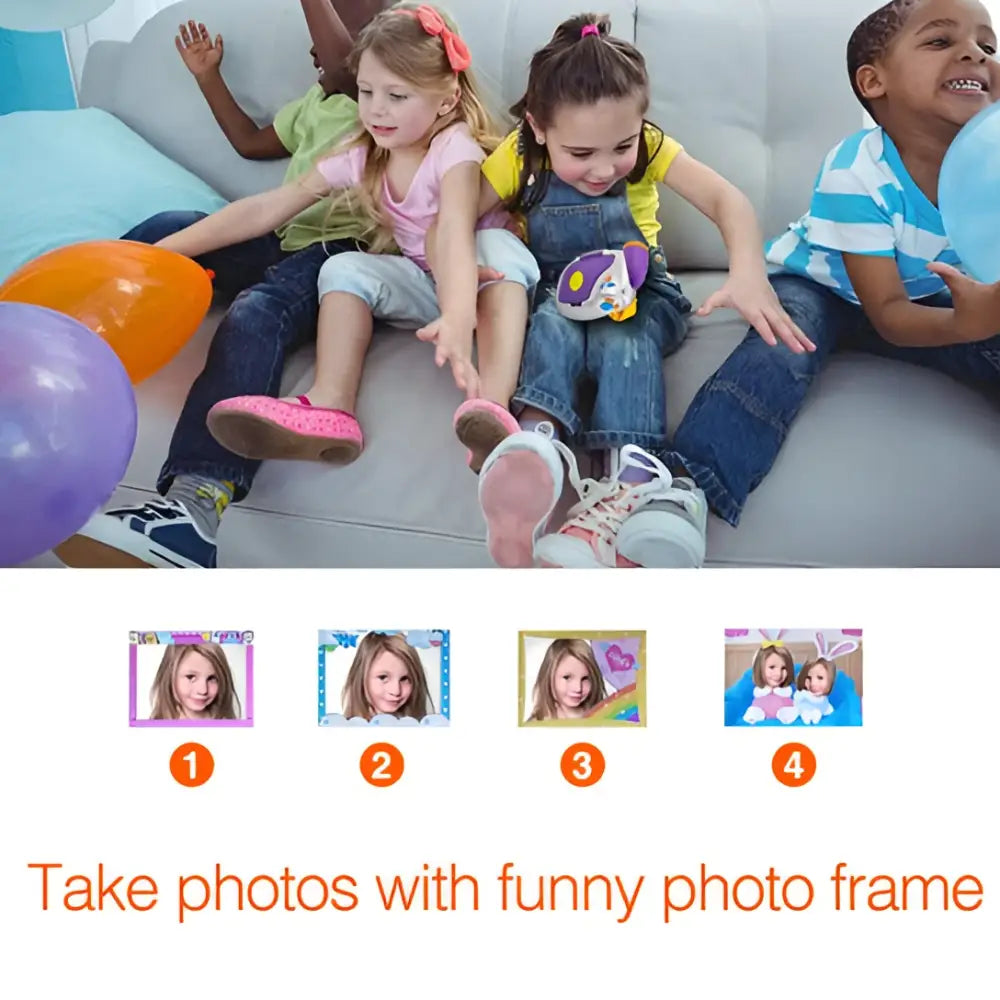 Purple silver childrens digital video camera with yellow wrist strap and small screen showing girl in red image
