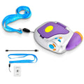 Purple silver childrens digital video camera with yellow button blue orange controls and attached blue lanyard