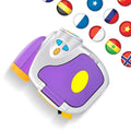 Purple silver childrens digital video camera with playful yellow accents designed as a child handheld device