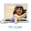 Purple silver childrens digital video camera with white body purple and yellow accents and circular blue button on top