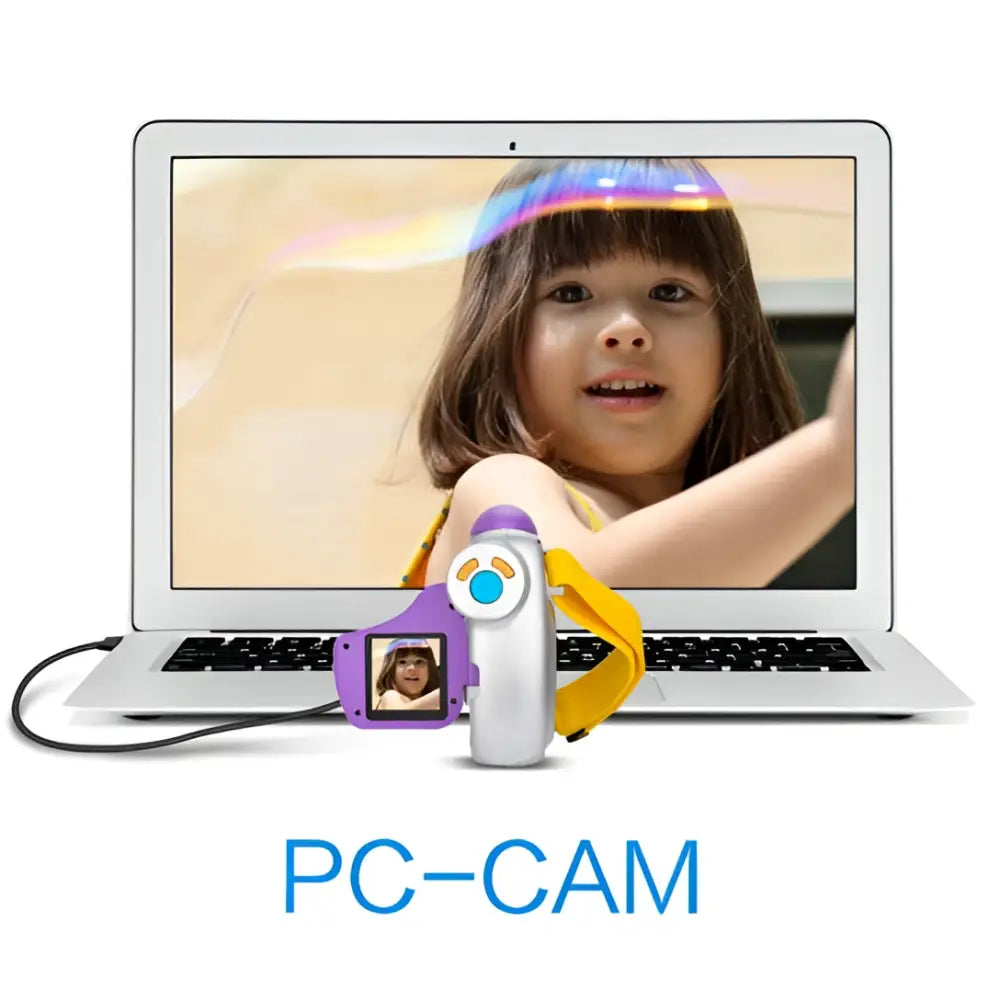 Purple silver childrens digital video camera with white body purple and yellow accents and circular blue button on top