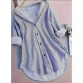 Purple stripe casual long sleeve blouse with blue and white vertical stripe print button design and rolled cuffs