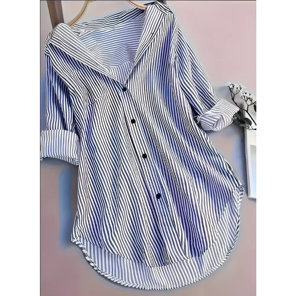 Purple stripe casual long sleeve blouse with blue and white vertical stripe print button design and rolled cuffs